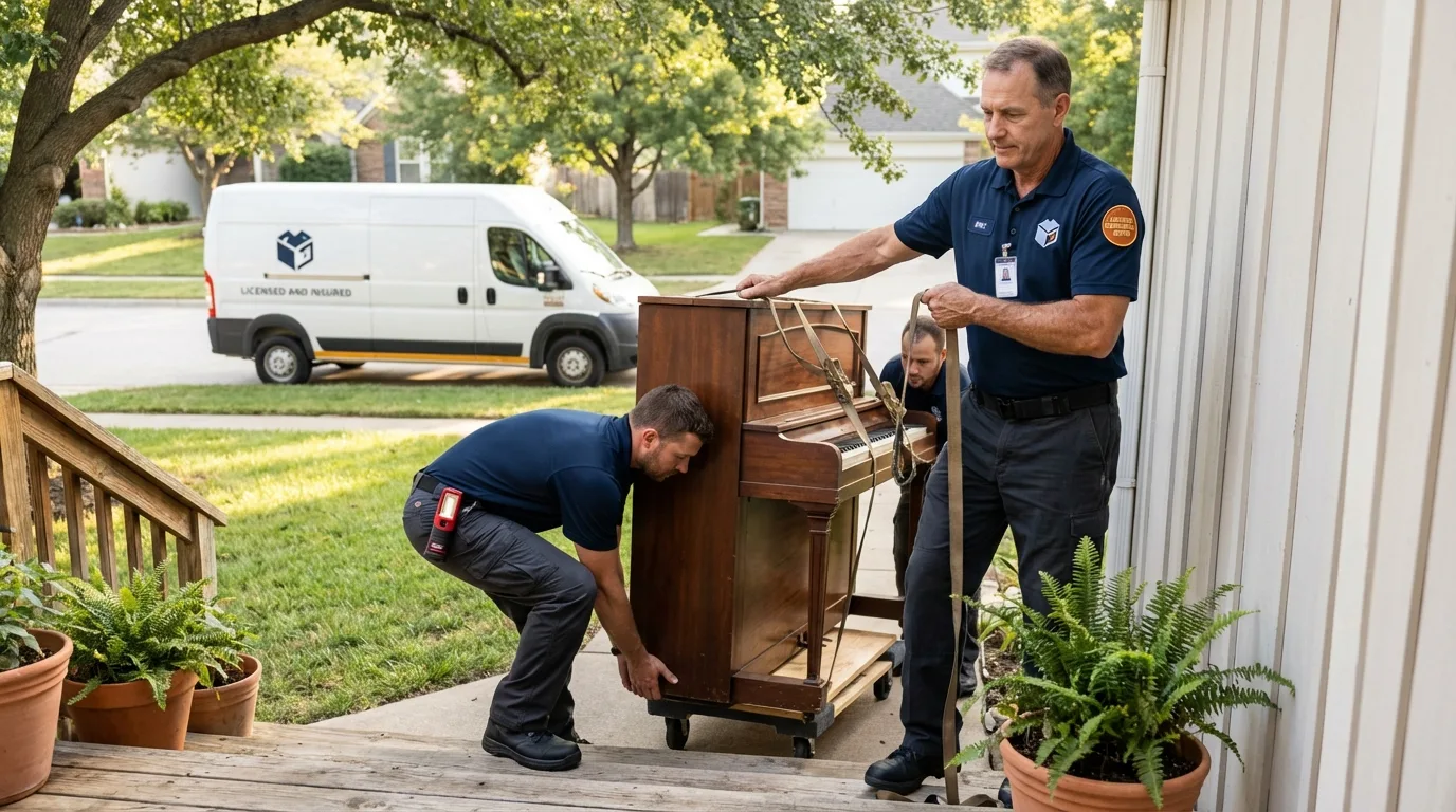 Licensed piano movers securing grand piano in Castro Valley, CA