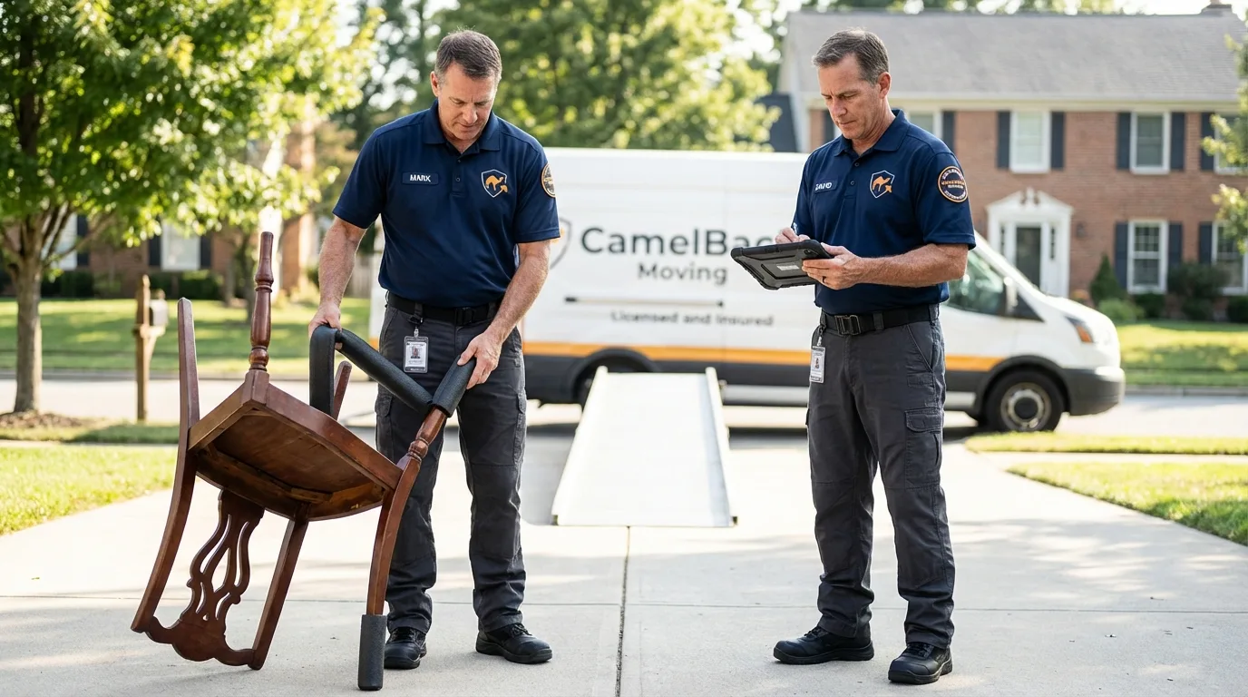 Movers inspecting furniture for damage prevention before loading in Castro Valley, CA