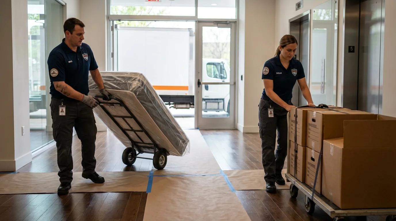 Professional apartment movers loading elevator in Castro Valley, CA